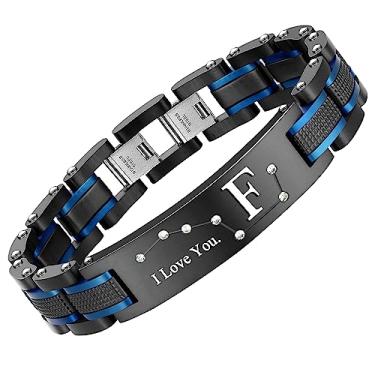 Imagem de Zillaly Pulseira masculina de duas cores de aço inoxidável, preto e azul banhado a íon, presente para maridos, pais e filhos masculinos, Aço inoxidável Cobre, Pedra preciosa de zircônia