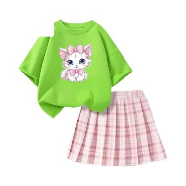 Imagem de Conjunto De Verão Para Meninas: Camiseta Rosa Com Laço E Saia Xadrez, 