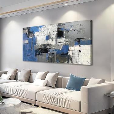 Imagem de Arte de parede abstrata grande para sala de estar - pinturas impressas em azul cinza e branco - Decoração de arte em tela moderna emoldurada para quarto, banheiro, escritório - Arte texturizada grande