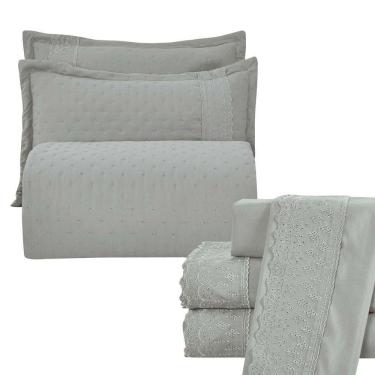 Imagem de Kit Coordenado Grécia Cobre Leito + Jogo De Cama Queen Bordado Inglês 300 Fios - 7 Peças - Cinza