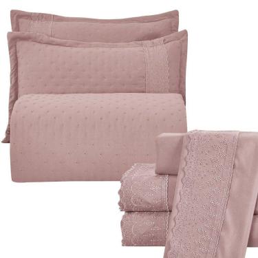 Imagem de Kit Coordenado Grécia Cobre Leito + Jogo De Cama Queen Bordado Inglês 300 Fios - 7 Peças-Roxo Malva