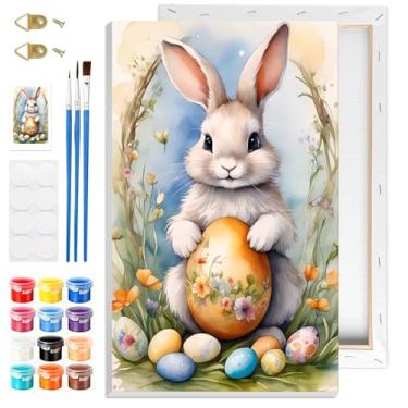 Imagem de GHHKUD Kits de pintura de coelho por números para adultos com moldura, pintura DIY por cores, adultos, crianças, coelhinho da Páscoa, números de pintura emoldurada em tela, presentes para decoração de