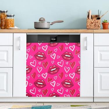 Imagem de ATTX Capa magnética para lava-louças de lábios e corações vermelhos | Adesivo decorativo de eletrodomésticos de 58 x 66 cm para armários domésticos e eletrodomésticos #350