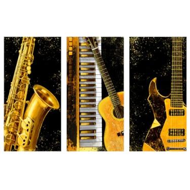 Imagem de OuElegent Arte de parede de música vintage, impressão em tela de instrumentos musicais dourados, decoração de guitarra de saxofone de piano, fundo preto 40,6 cm x 81 cm x 7,6 cm (dourado)