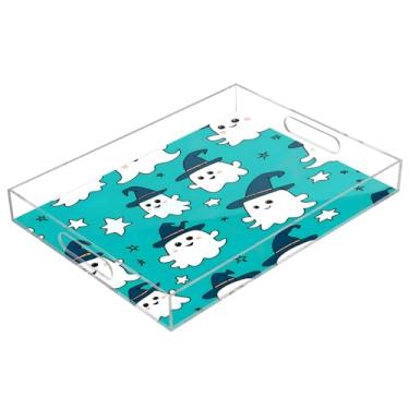 Imagem de xigua Bandeja de servir de acrílico fantasma de Halloween com alças à prova de derramamento, bandejas decorativas de festa de Halloween, bandeja organizadora de bancada para banheiro, cozinha, 30,5 x