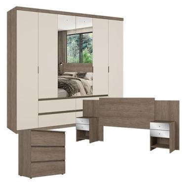Imagem de Guarda Roupa Casal Nobre 6 Portas Glass Rustic Off White com Cômoda Ga