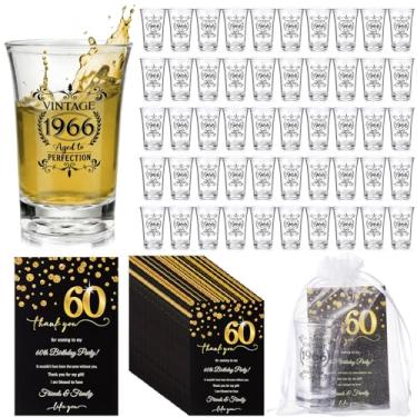 Imagem de Yiyiring 50 conjuntos de lembrancinhas de festa de aniversário Cheers para convidados a granel 40/50/60 anos Copos de shot de acrílico reutilizáveis com saco de cartão de presente de agradecimento
