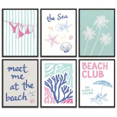 Imagem de 6 peças arte de parede azul costeira neta tela verão concha biquíni pôsteres impressões pinturas praia preppy estética decoração de parede fotos para dormitório apartamento vista mar quarto decoração