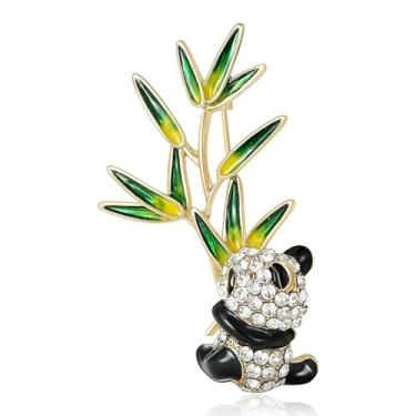 Imagem de Broche de bambu com strass panda para mulheres meninas cristal CZ urso animal esmalte folha pinos bonitos para vestidos terno chapéu emblemas acessórios de roupas broches joias delicadas para melhor