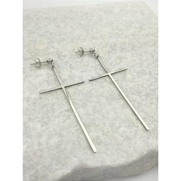 Imagem de Brinco Cruz Lisa Aço Inox com Base Bolinha - 1 Par Antialérgico - no-b