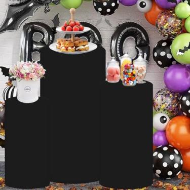 Imagem de SOMUAUY Conjunto de 3 capas cilíndricas pretas com suporte de pedestal, capas de suporte de cilindro de elastano, capas de pilar para festa, caixa de exibição de rodapés, para decoração de mesas de