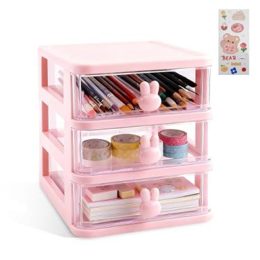 Imagem de Organizador de mesa com gaveta, organizador de maquiagem empilhável branco, pequena caixa de armazenamento de plástico para mesa, balcão ou cômoda de banheiro, escola, casa, escritório (rosa - 3