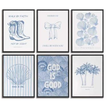 Imagem de 6 peças arte de parede em tela azul costeira neta verão concha caubói pôsteres impressões praia arco preppy decoração de parede imagens para quarto feminino dormitório apartamento vista mar quarto