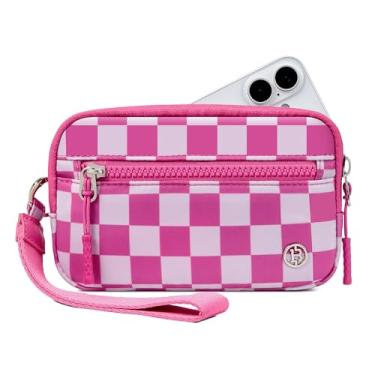 Imagem de BOSTANTEN Carteira feminina feminina xadrez RFID com janela de identificação e bolsa de pulso de nylon com 3 zíperes, Vermelho rosa, Medium