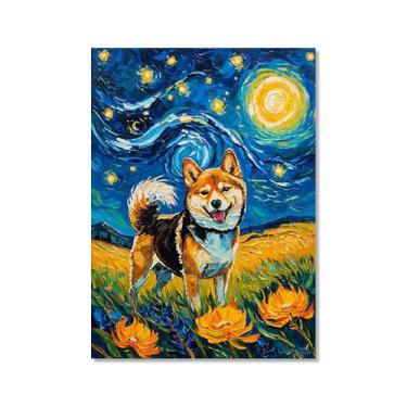 Imagem de Pintura a óleo floral colorida abstrata Van-Gogh Dog Starry Night Pôster em tela de arte de parede impressões engraçadas de animais para decoração de casa e sala de estar (SKU10,50.8x71.1 cm = (50 x