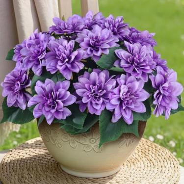 Imagem de VIERENA 16 pacotes de flores artificiais de dália para decoração de primavera e verão, flores de seda que não desbotam, arranjo de plantas para casa, jardim, varanda, casa de fazenda (Roxo)