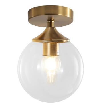 Imagem de Luminária de teto vintage dourada para cozinha com 1 lâmpada em formato de globo de vidro, pequena luminária de teto LED E27 para banheiro, corredor, hall de entrada e quarto (globo de vidro