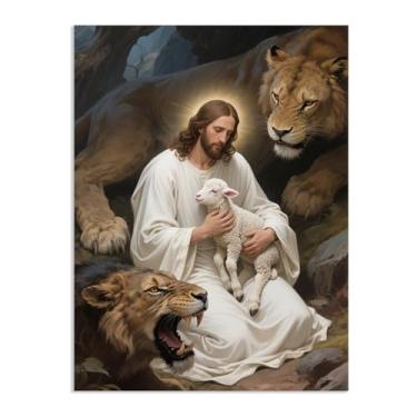 Imagem de Jesus Leão e Cordeiro Arte Religiosa Cristã Tela Pintura Jesus Impressão de Parede Decoração de Parede para Casa Igreja Sala de Oração Galeria 50 x 40 cm (20 x 16 polegadas) Sem Moldura