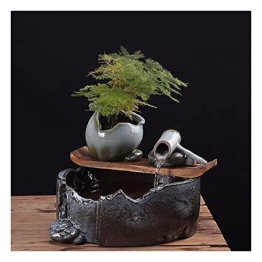 Imagem de Fonte de água de mesa, fonte de mesa, enfeite de água corrente de cerâmica, novo zen chinês para casa Feng Shui atraindo riqueza umidificação paisagem escritório decorações de mesa para decoração de