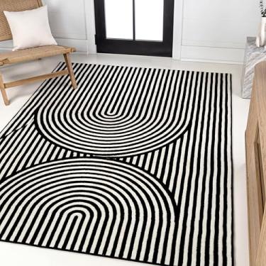 Imagem de JONATHAN Y SCN109C-3 Sofia MidCentury Modern Arch Stripe Dois Tons Alto Baixo Preto/Branco 0,9 m x 1,5 m Tapete de Área Interna, Não Descama, Resistente a Manchas, Fácil Limpeza para Quarto, Sala de