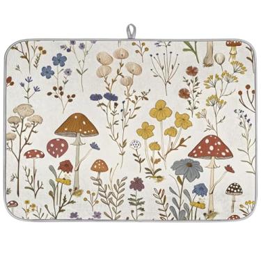 Imagem de Tapete de secagem de pratos para cozinha - tapete de cozinha de microfibra com estampa de plantas selvagens de cogumelo fofo, protetor de bancada e pia absorvente antiderrapante, reutilizável para