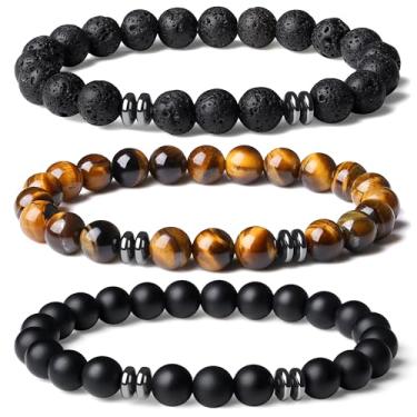 Imagem de XIANNVXI Pulseira masculina de contas 3/4 peças 8 mm conjunto de pulseiras de contas de pedra para homens olho de tigre Lava Rock Obsidiana Pulseira de cristal preto com contas elásticas para homens