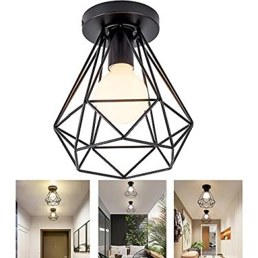 Imagem de Luminária de teto vintage embutida com cúpula de ferro preta, estilo industrial, com design de gaiola em formato de diamante, ideal para hall de entrada, quarto, cozinha, sala de estar, adeg