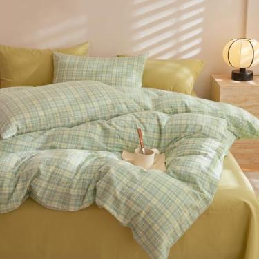 Imagem de EAVD Conjunto de edredom de estilo moderno, solteiro, xadrez, rosa, azul, verde, xadrez, casa de fazenda, reversível, guingão, com 2 fronhas, conjunto de cama quadriculado reversível