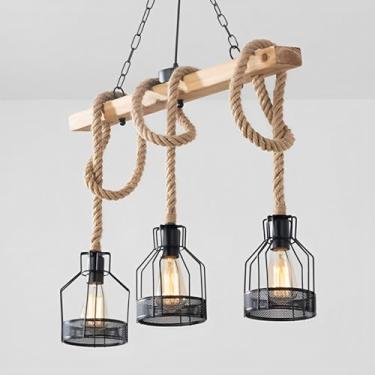 Imagem de Luminárias pendentes industriais para ilha de cozinha, lustres vintage pretos, luminárias rústicas de corda de cânhamo para sala de jantar, restaurante, bar, luminárias suspensas estilo faze