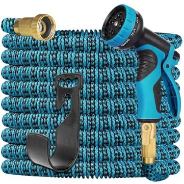 Imagem de Mangueira de água expansível de 15 metros - Mangueira de descarga flexível sem dobras 15 metros com bocal de 10 funções e 3 camadas de látex, acessórios sólidos 3/4, tubo leve (azul claro)