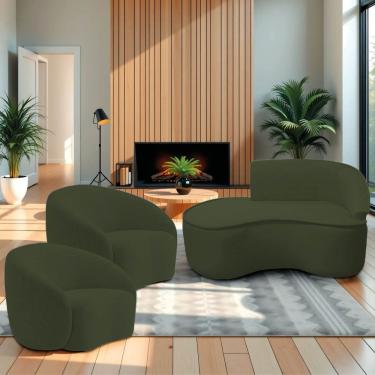 Imagem de Kit Divã Recamier Orgânico Marrocos 150cm Lado Esquerdo E 2 Poltronas Amore Linho Verde