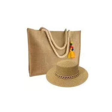 Imagem de kit Bolsa de linho juta Feminina Grande de Praia bolsa de palha Sacola