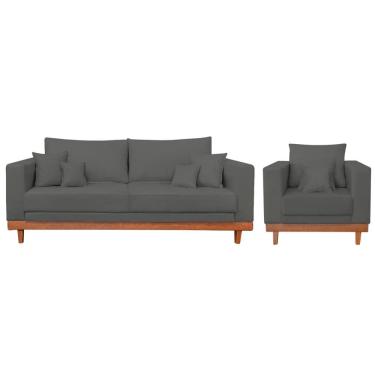Imagem de Kit 1 Poltrona Living + Sofá Reforçado Madeira Tecido Suede