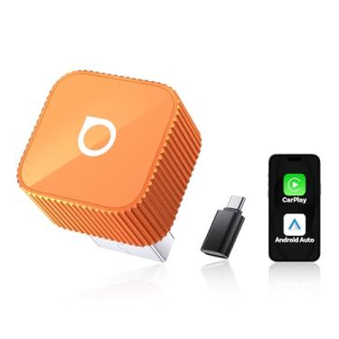 Imagem de OTTOCAST Mini fino, 2 em 1 sem fio CarPlay e adaptador automático Android, Plug & Play, banda dupla WLAN 2,4 G + 5G, laranja de reconexão automática para carro com fio