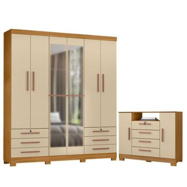 Imagem de Cômoda Madri E Guarda Roupa Casal Londres Com Espelho Carvalho Americano Off White - Incorplac