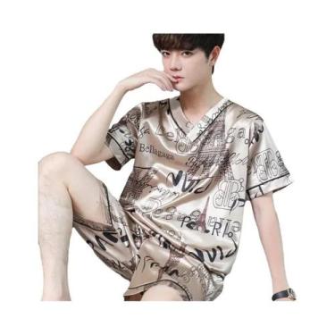 Imagem de Pijama Masculino plus Size De Seda Gelada, Manga Curta, Duas Peças, Es