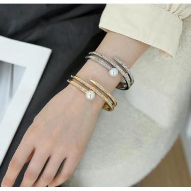 Imagem de Bracelete Zircônia Dourado Pérola Cristais Cravejado Brilho Brilhante 