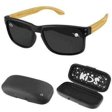 Imagem de oculos sol infantil praia proteção uv madeira preto + case criança pre