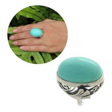 Imagem de Maxi Anel Turquesa Reese Blue Oval Luxo Prata 925 Cabochão - MV Joias,