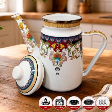 Imagem de Bule Indiana Charm Vintage para Todos Fogões 1,2L Ferro Esmaltado Branco