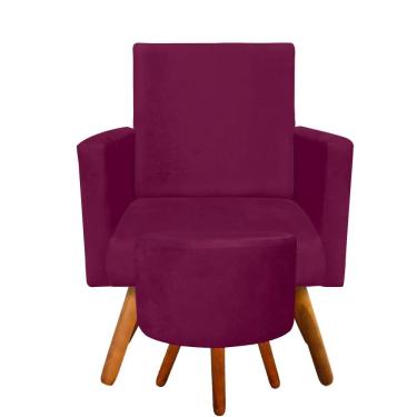 Imagem de Combo Poltrona Decorativa Nina com Puff Redondo Pés Madeira Suede Marsala