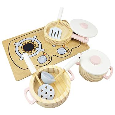 Imagem de Kit Panelas Infantil Fogão Cooktop De Brinquedo Madeira Rosa Coleção Newart