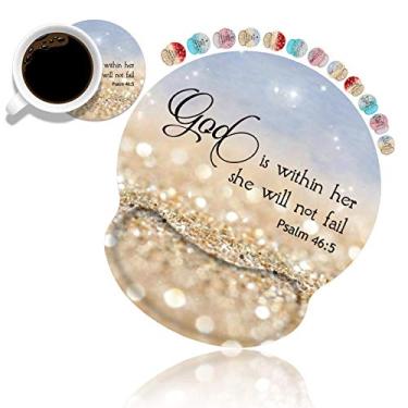 Imagem de Conjunto ergonômico de suporte de pulso e porta-copos, almofada de descanso de pulso com base de poliuretano antiderrapante para trabalhar em casa, estudar, fácil digitação e alívio da dor, citação de glitter arco-íris, versículo da Bíblia 46:5