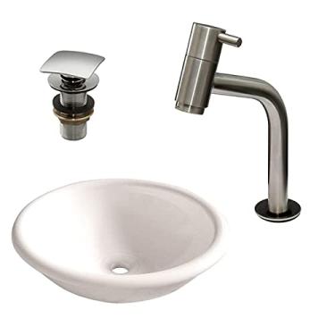 Imagem de Kit Cuba Sobrepor Lume com Torneira Inox e Válvula Click Branco