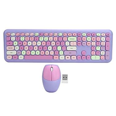 Imagem de ASHATA Combinação de mouse de teclado sem fio, 2,4 G Conjunto de mouse para teclado de escritório sem fio, teclado e mouse estilo retrô redondo colorido, teclado de 110 teclas (roxo)