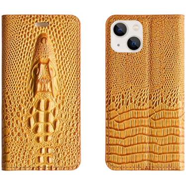 Imagem de KKFAUS Capa de telefone de concha de couro, para Apple iPhone 13 (2021) 6,1 polegadas cabeça de crocodilo em relevo folio stand case [slot para cartão] (cor: café)
