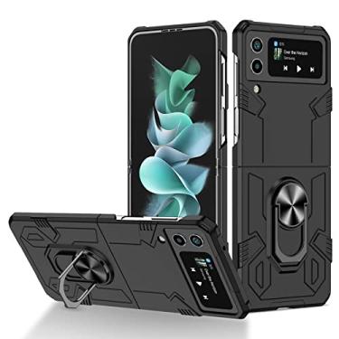 Imagem de zhouye Capa de telefone militar para Samsung Galaxy Z Flip 4, suporte de anel giratório de 360° integrado magnético com tudo incluído capa à prova de choque para PC, preta