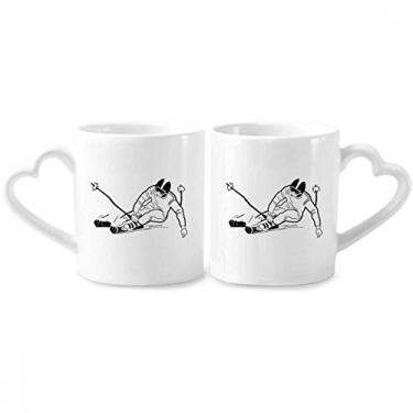 Imagem de Conjunto de canecas de porcelana para casais com ilustração preta para esportes de inverno com coração