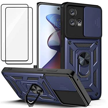 Imagem de Capa para Motorola Moto Edge 30 pro Capinha | com 2 protetores de tela temperados, janela deslizante de proteção da câmera integrada e suporte para telefone - Azul
