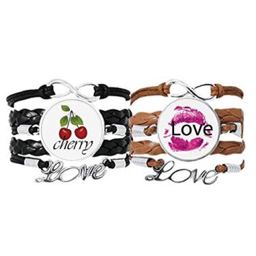 Imagem de DIYthinker Pulseira de couro rosa para o Dia dos Namorados Love com pulseira de couro e corda de amor cereja conjunto duplo